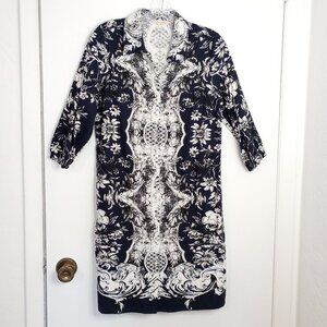 Soft Surroundings Navy Floral Linen-Blend Shirt Dress